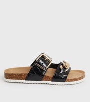 New Look Black Faux Croc Chain Footbed Sliders